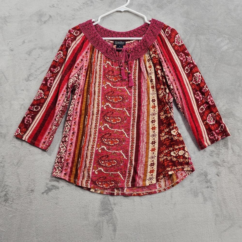 Lucky Brand Top Womens M Pink Paisley Crochet Scoop Neck 3/4‎ Sleeve Tunic Boho